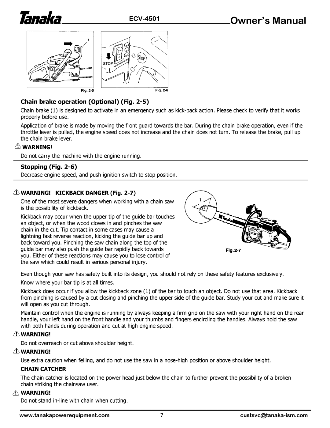 Tanaka ECV-4501 manual Chain brake operation Optional Fig, Stopping Fig, Chain Catcher 