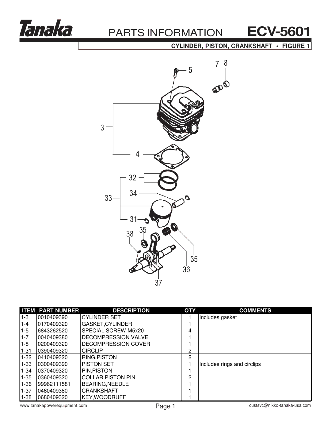 Tanaka manual Parts Information ECV-5601, CYLINDER, PISTON, Crankshaft Figure 