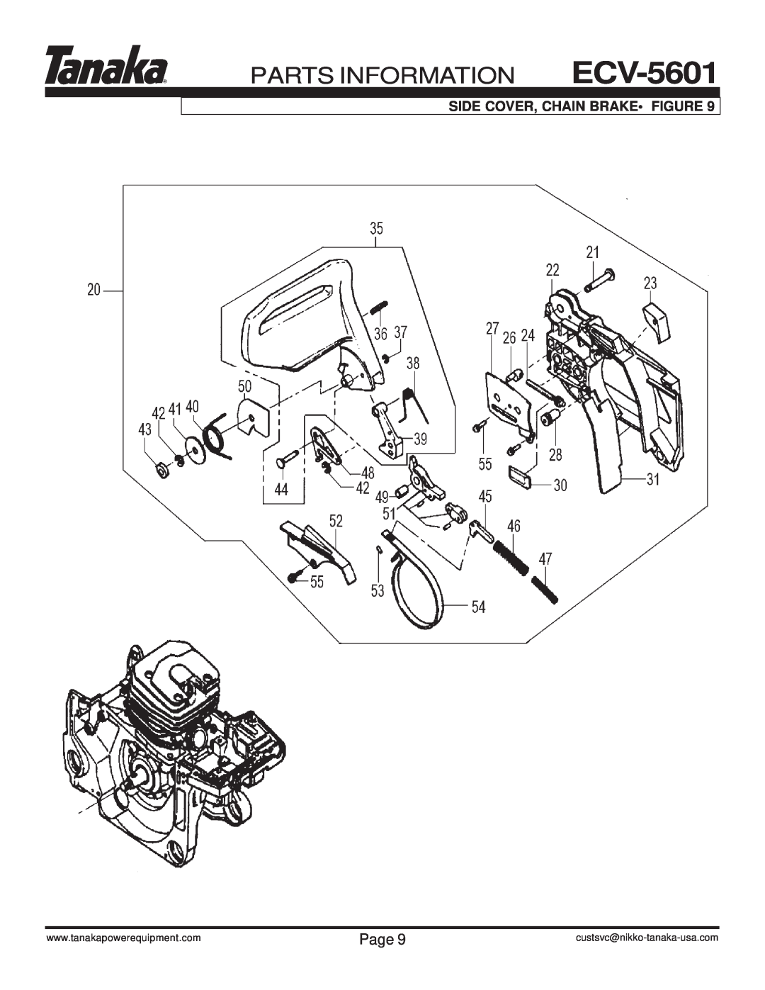 Tanaka manual Side Cover, Chain Brake Figure, PARTS INFORMATION ECV-5601, Page, custsvc@nikko-tanaka-usa.com 