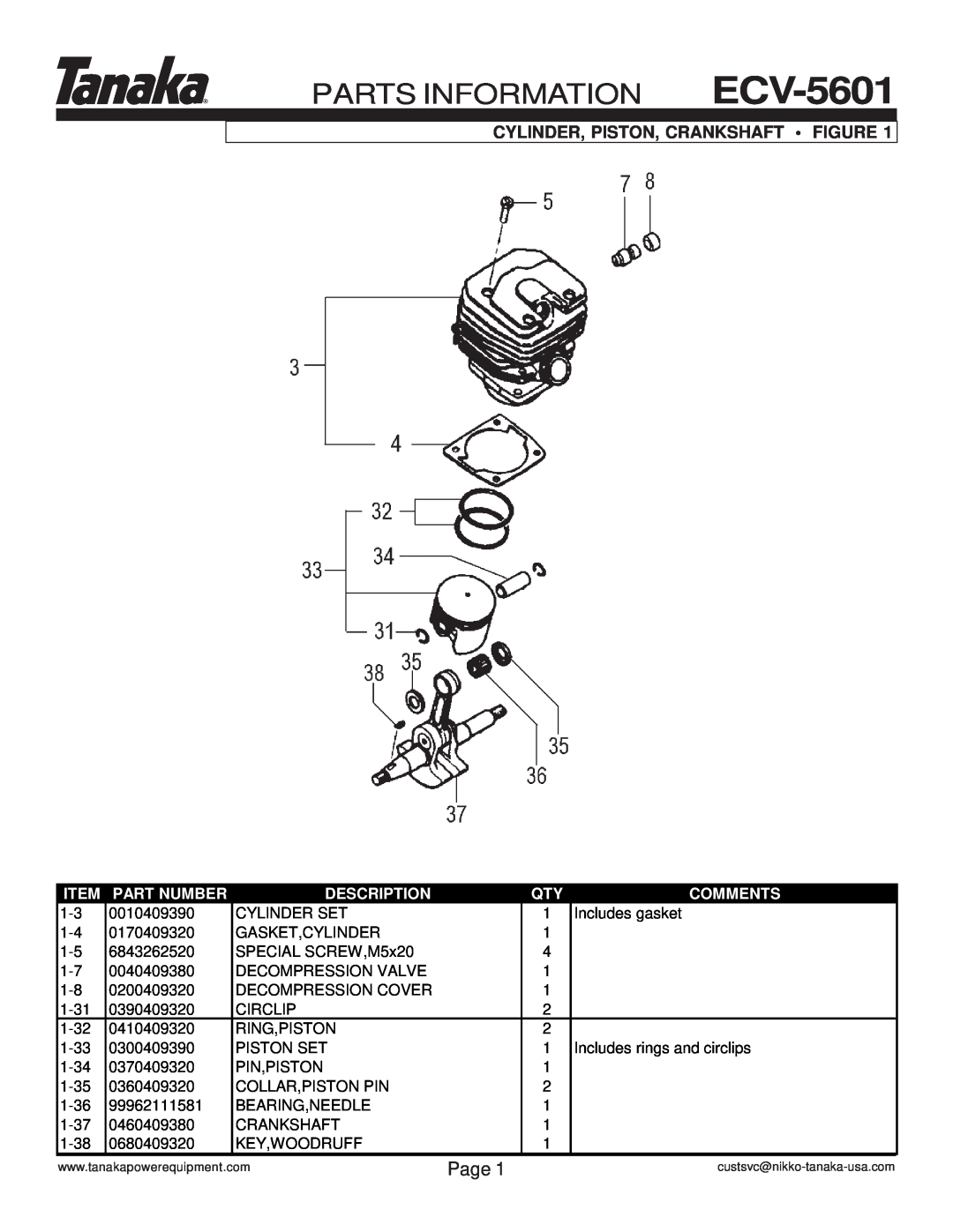 Tanaka manual PARTS INFORMATION ECV-5601, Cylinder, Piston, Crankshaft Figure, Page, Part Number, Description, Comments 