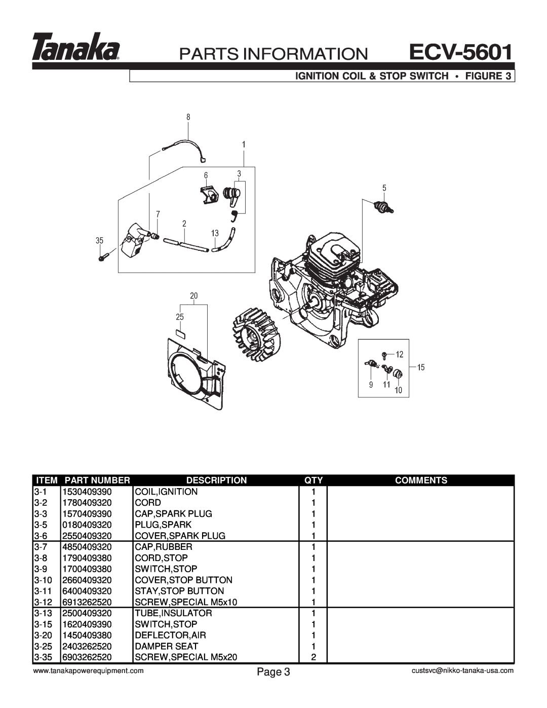 Tanaka manual Ignition Coil & Stop Switch Figure, PARTS INFORMATION ECV-5601, Page, Part Number, Description, Comments 