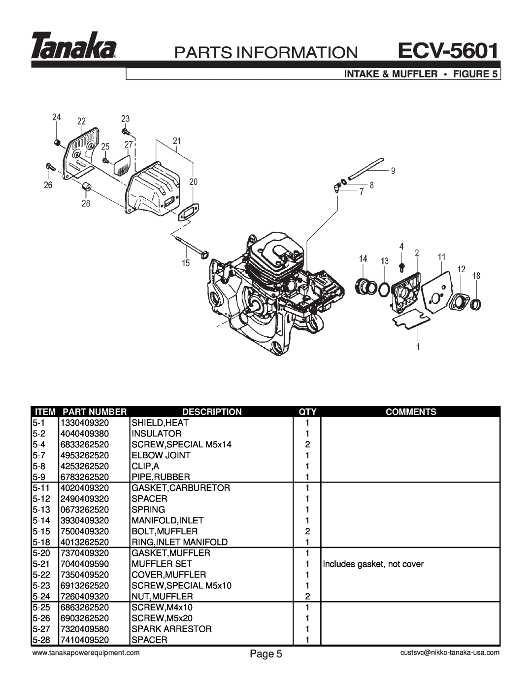 Tanaka manual Intake & Muffler Figure, PARTS INFORMATION ECV-5601, Page, Part Number, Description, Comments 