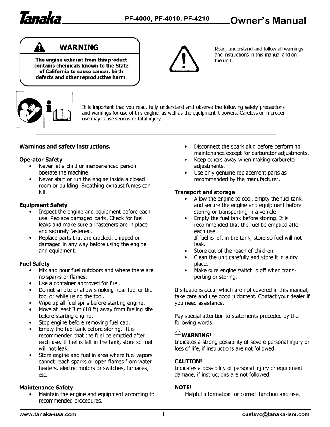 Tanaka PF-4010 manual Operator Safety, Equipment Safety, Fuel Safety, Maintenance Safety, Transport and storage 