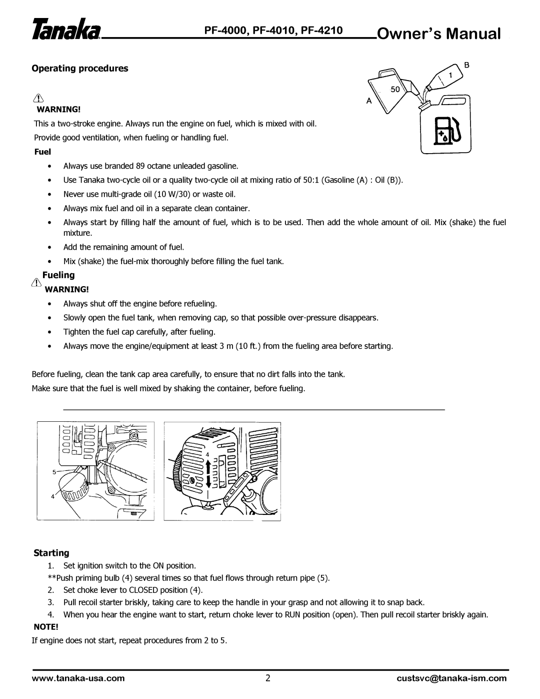 Tanaka PF-4010 manual Operating procedures, Fueling, Starting 