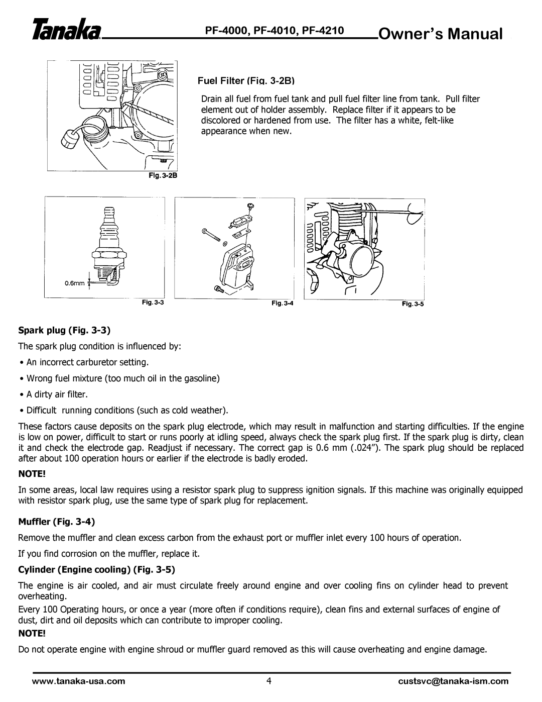 Tanaka PF-4010 manual Spark plug Fig, Muffler Fig, Cylinder Engine cooling Fig 