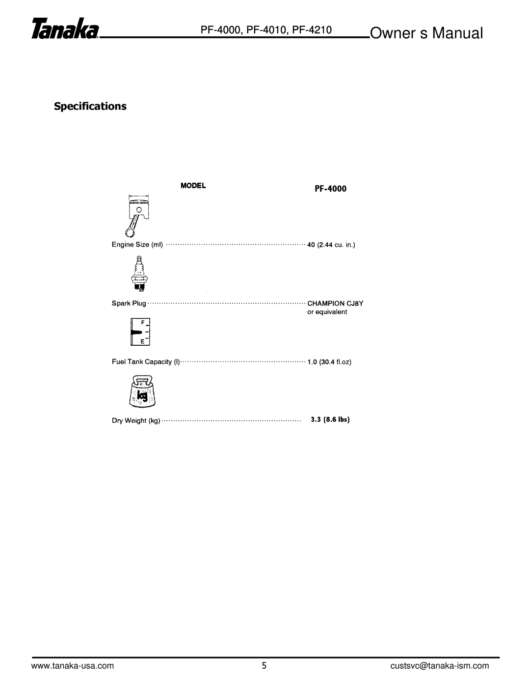 Tanaka PF-4010 manual Specifications 