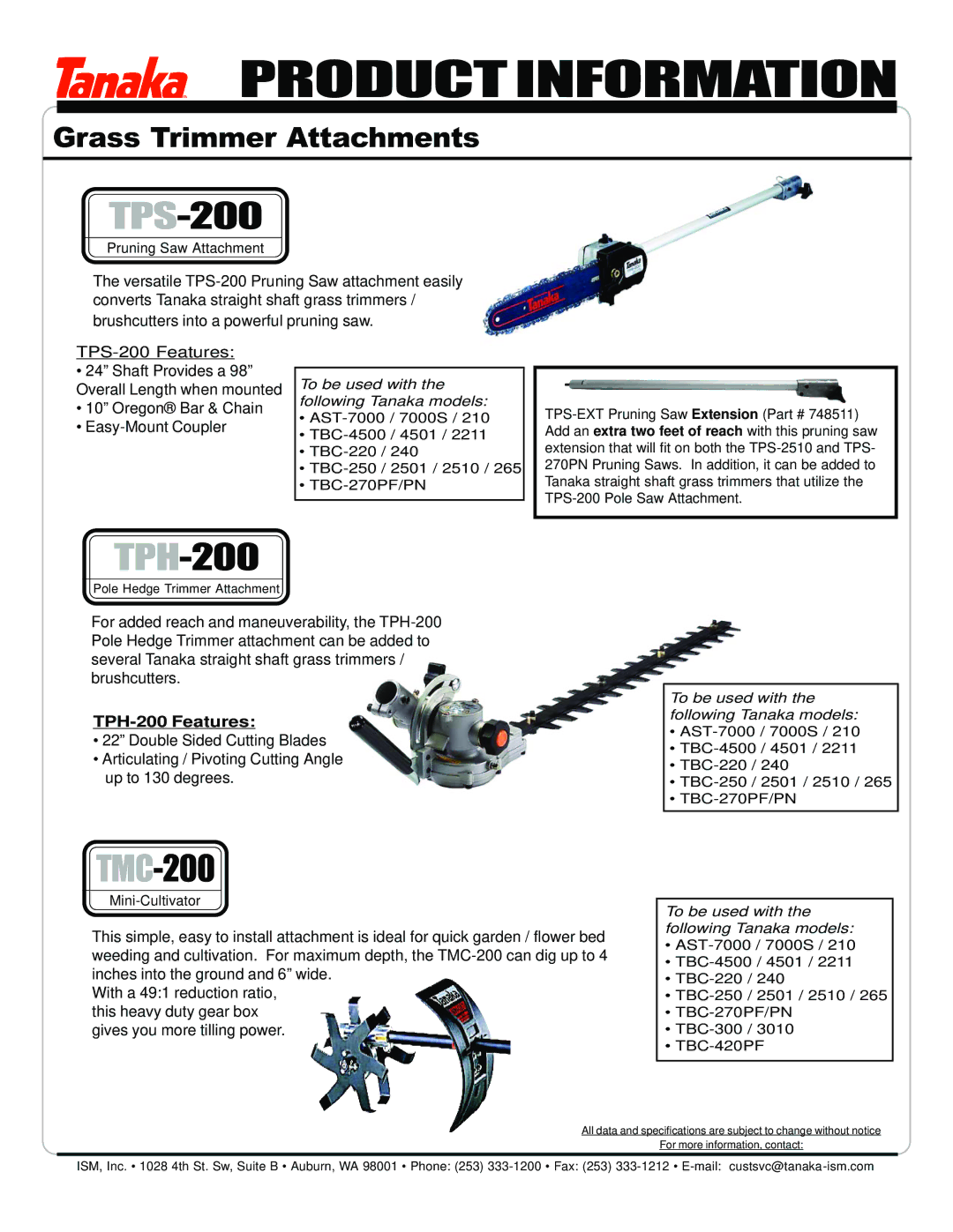 Tanaka TBC-220SS manual Product Information 