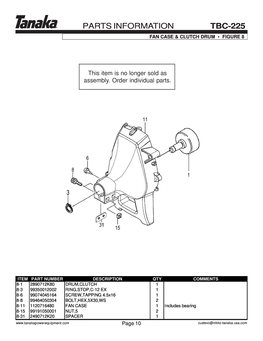 Tanaka TBC-225 manual This item is no longer sold as assembly. Order individual parts, Parts Information, Page, Part Number 