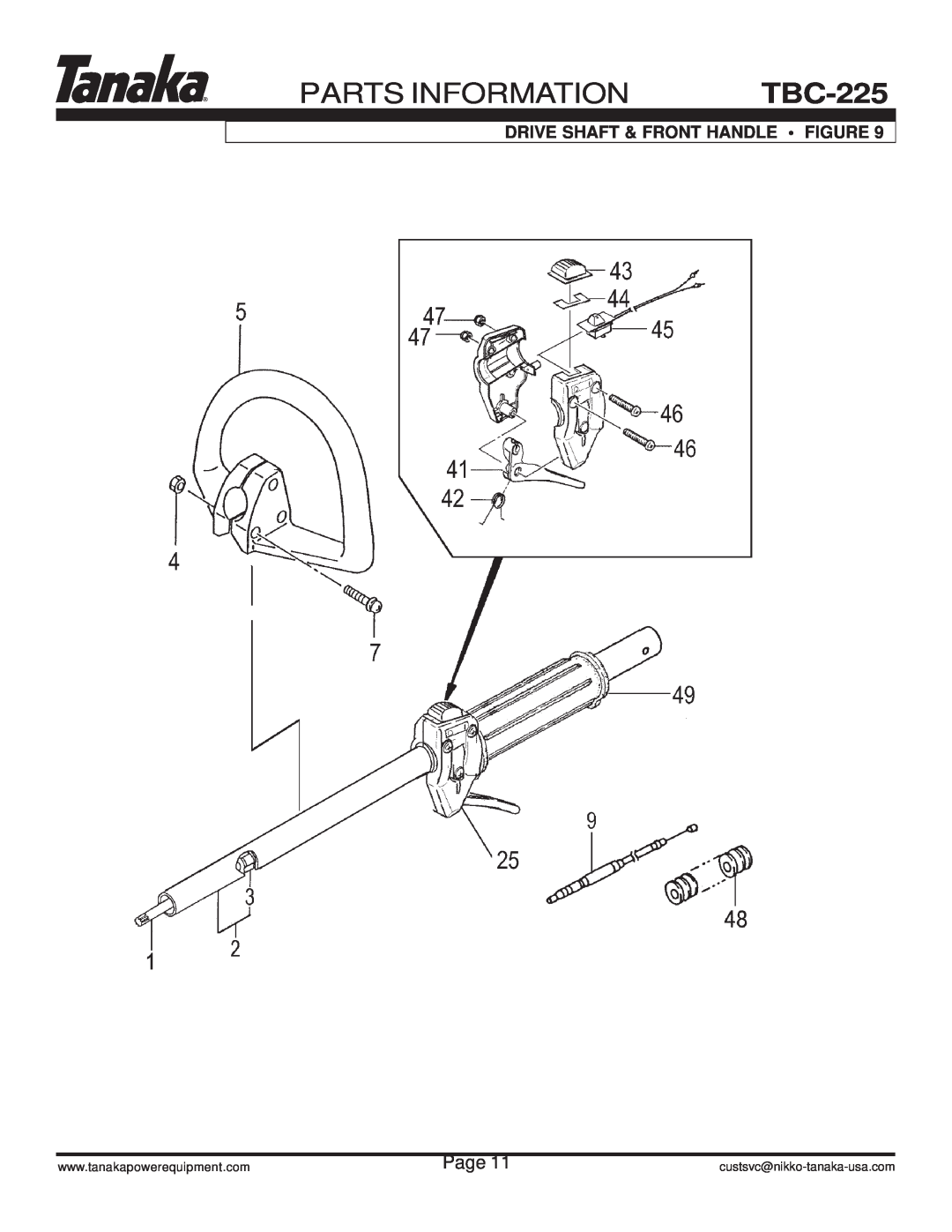 Tanaka TBC-225 manual Parts Information, Drive Shaft & Front Handle Figure, Page, custsvc@nikko-tanaka-usa.com 