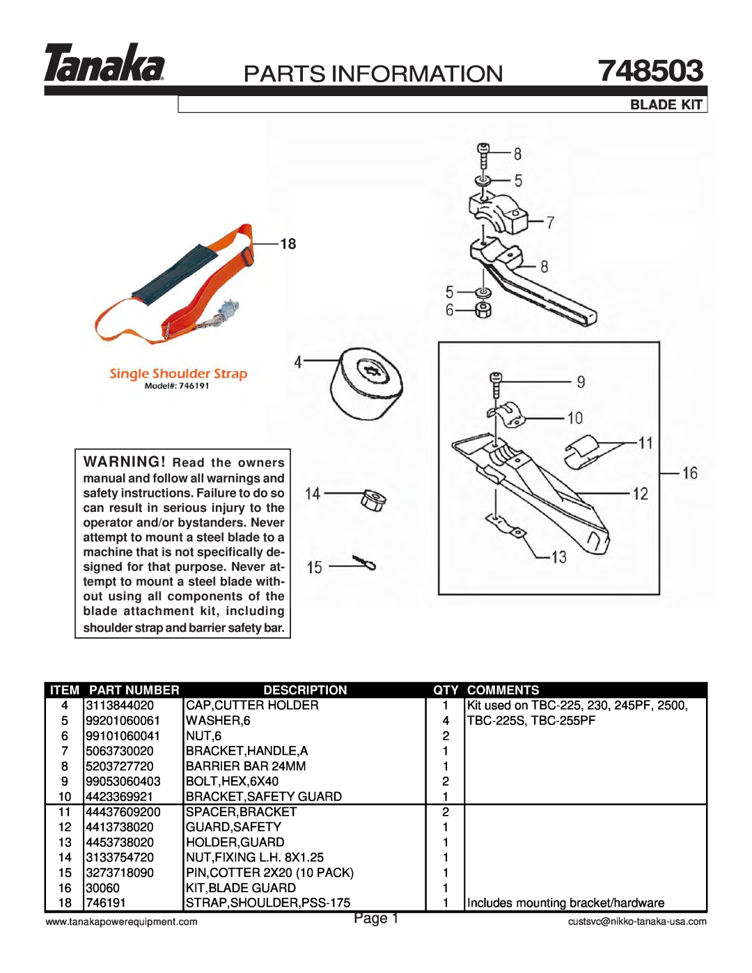 Tanaka TBC-225 748503, Parts Information, Page, Blade Kit, shoulder strap and barrier safety bar, Part Number, Description 