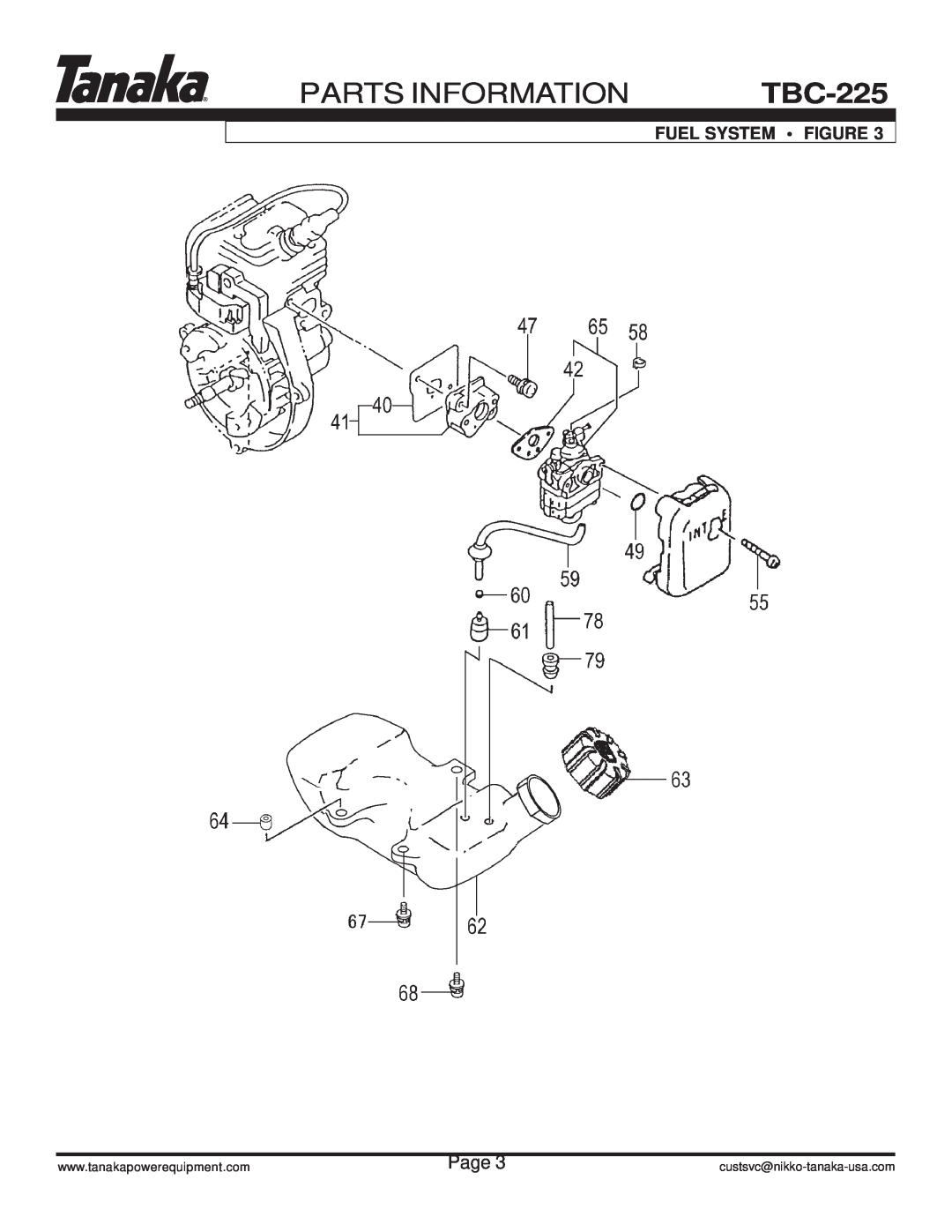 Tanaka TBC-225 manual Parts Information, Fuel System Figure, Page, custsvc@nikko-tanaka-usa.com 