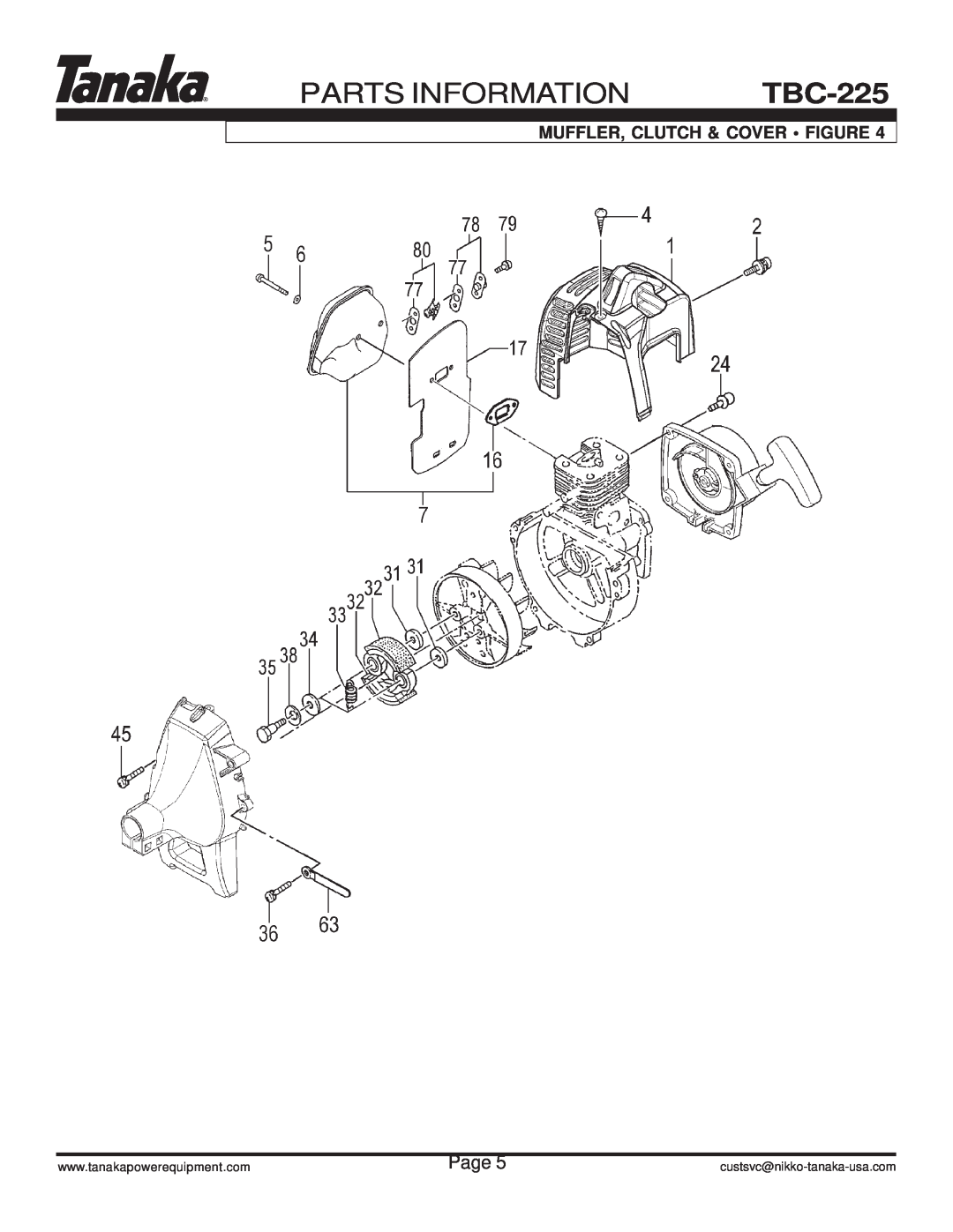 Tanaka TBC-225 manual Parts Information, Muffler, Clutch & Cover Figure, Page, custsvc@nikko-tanaka-usa.com 