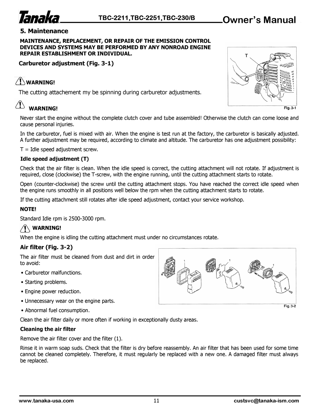 Tanaka TBC-2251 Maintenance, Carburetor adjustment Fig, Air filter Fig, Idle speed adjustment T, Cleaning the air filter 