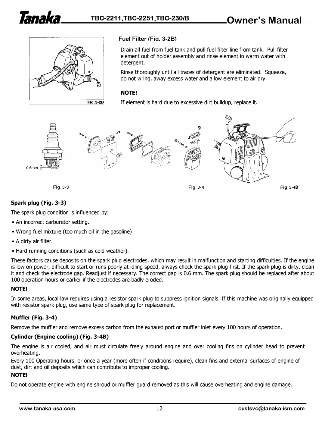 Tanaka TBC-230B, TBC-2251, TBC-2211 manual Spark plug Fig, Muffler Fig, Cylinder Engine cooling -4B 