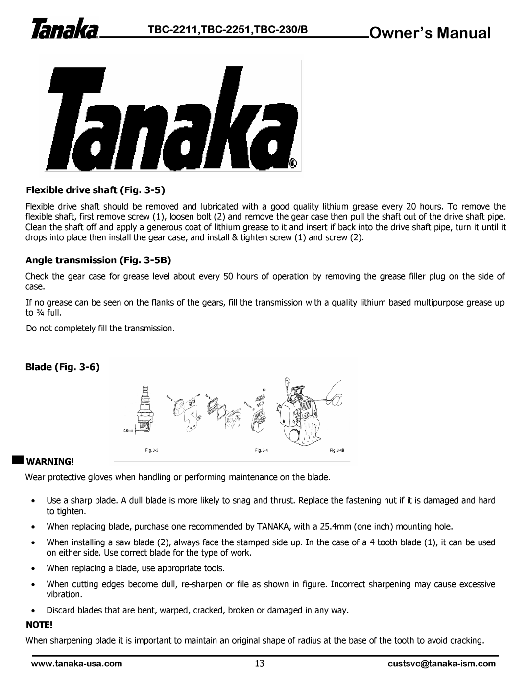 Tanaka TBC-2211, TBC-2251, TBC-230B manual Flexible drive shaft Fig, Angle transmission -5B, Blade Fig 