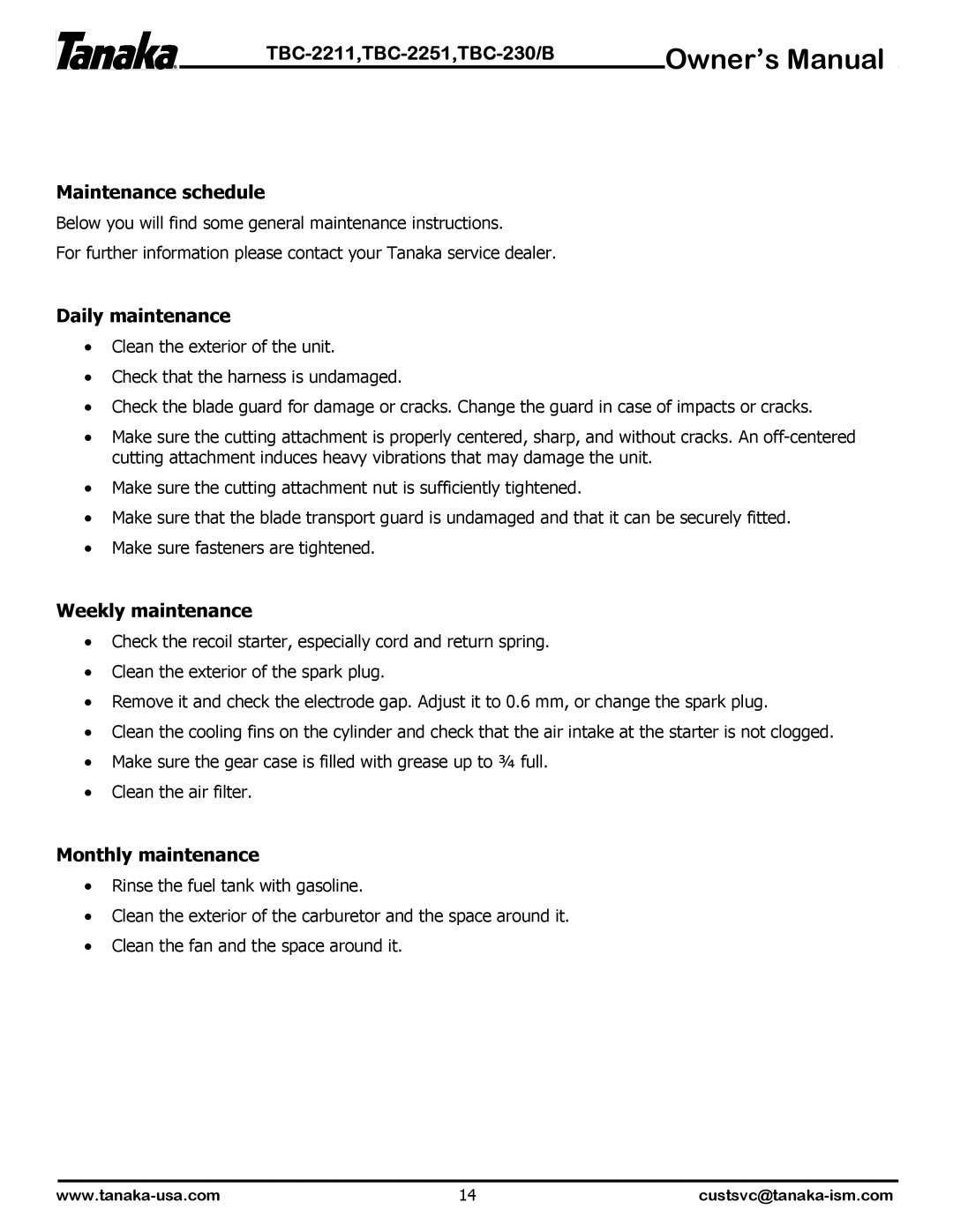 Tanaka TBC-2251, TBC-230B, TBC-2211 manual Maintenance schedule, Daily maintenance, Weekly maintenance, Monthly maintenance 