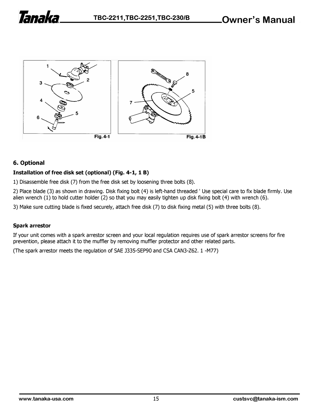 Tanaka TBC-230B, TBC-2251, TBC-2211 manual Optional, Installation of free disk set optional -1, 1 B, Spark arrestor 