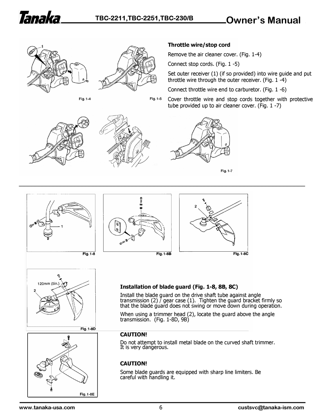 Tanaka TBC-230B, TBC-2251, TBC-2211 manual Throttle wire/stop cord, Installation of blade guard -8, 8B, 8C 