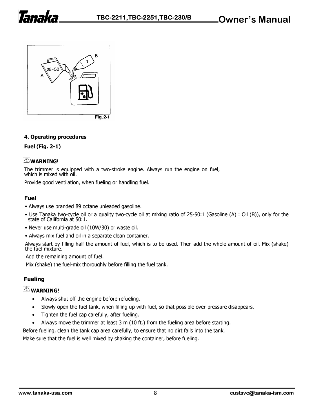 Tanaka TBC-2251, TBC-230B, TBC-2211 manual Fueling, Operating procedures Fuel Fig 