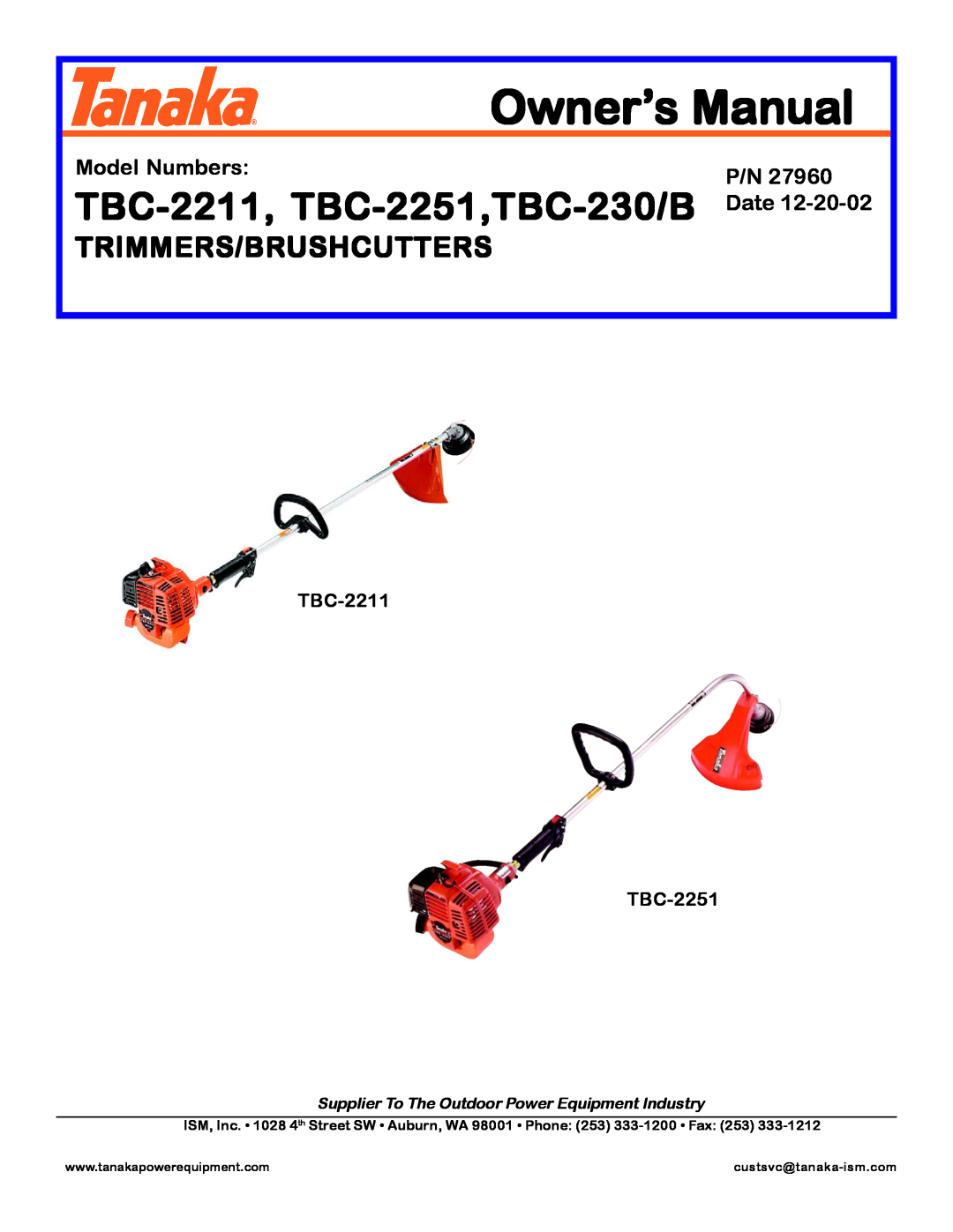 Tanaka TBC-230B manual Trimmers/Brushcutters, TBC-2211 TBC-2251, TBC-2211, TBC-2251,TBC-230/B, Model Numbers, Date 