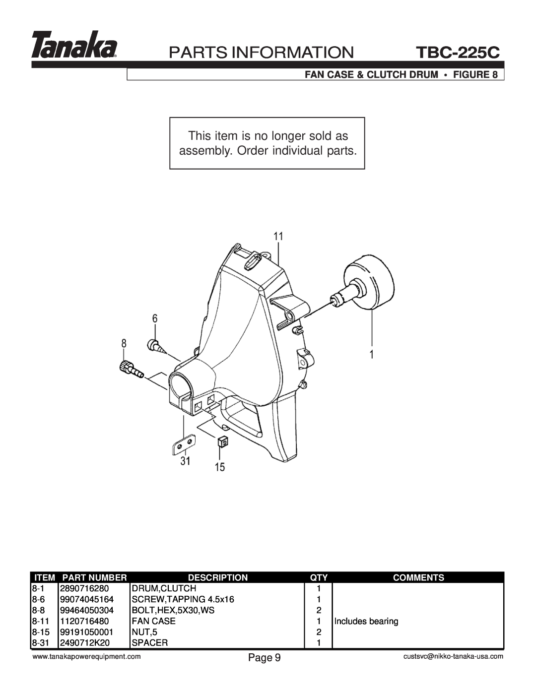 Tanaka This item is no longer sold as assembly. Order individual parts, PARTS INFORMATION TBC-225C, Page, Part Number 