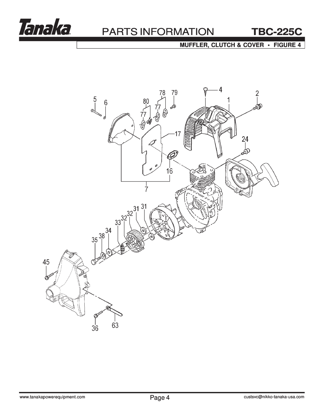 Tanaka manual PARTS INFORMATION TBC-225C, Muffler, Clutch & Cover Figure, Page, custsvc@nikko-tanaka-usa.com 