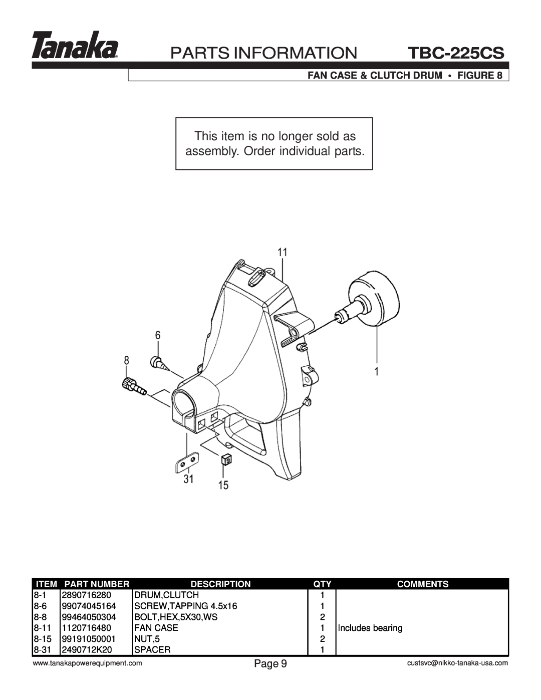 Tanaka TBC-225CS This item is no longer sold as assembly. Order individual parts, Fan Case & Clutch Drum Figure, Page 