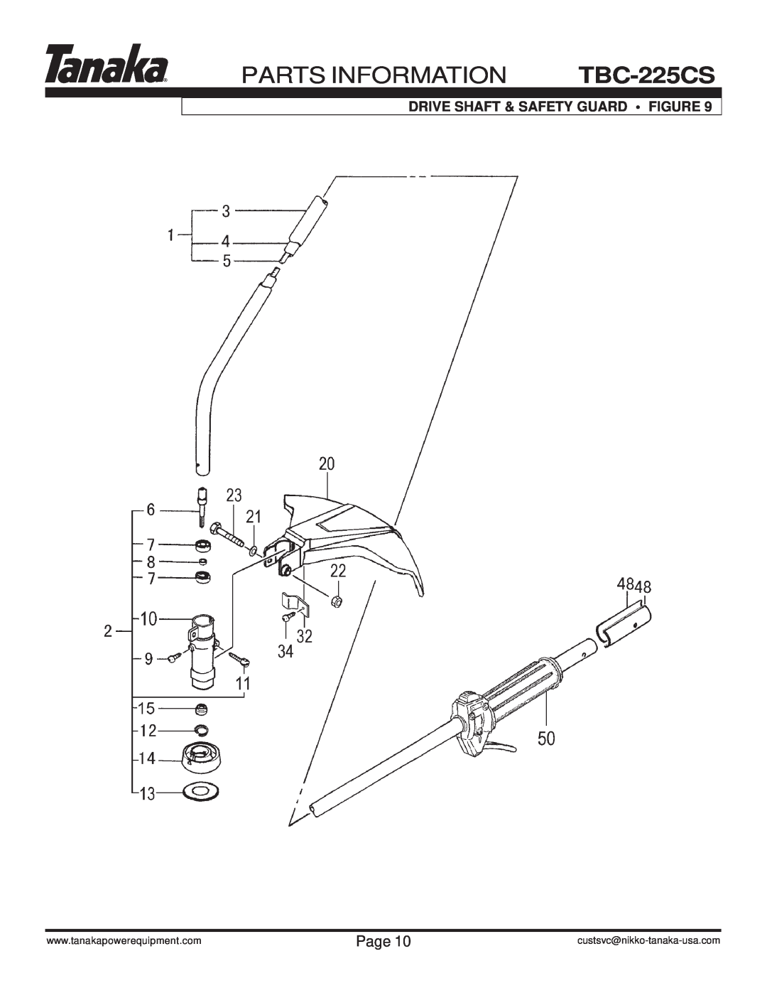 Tanaka manual Drive Shaft & Safety Guard Figure, PARTS INFORMATION TBC-225CS, Page, custsvc@nikko-tanaka-usa.com 