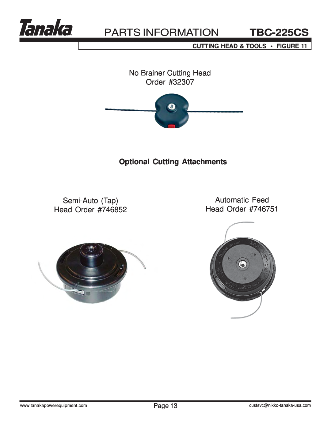 Tanaka No Brainer Cutting Head Order #32307, Cutting Head & Tools Figure, PARTS INFORMATION TBC-225CS, Semi-Auto Tap 