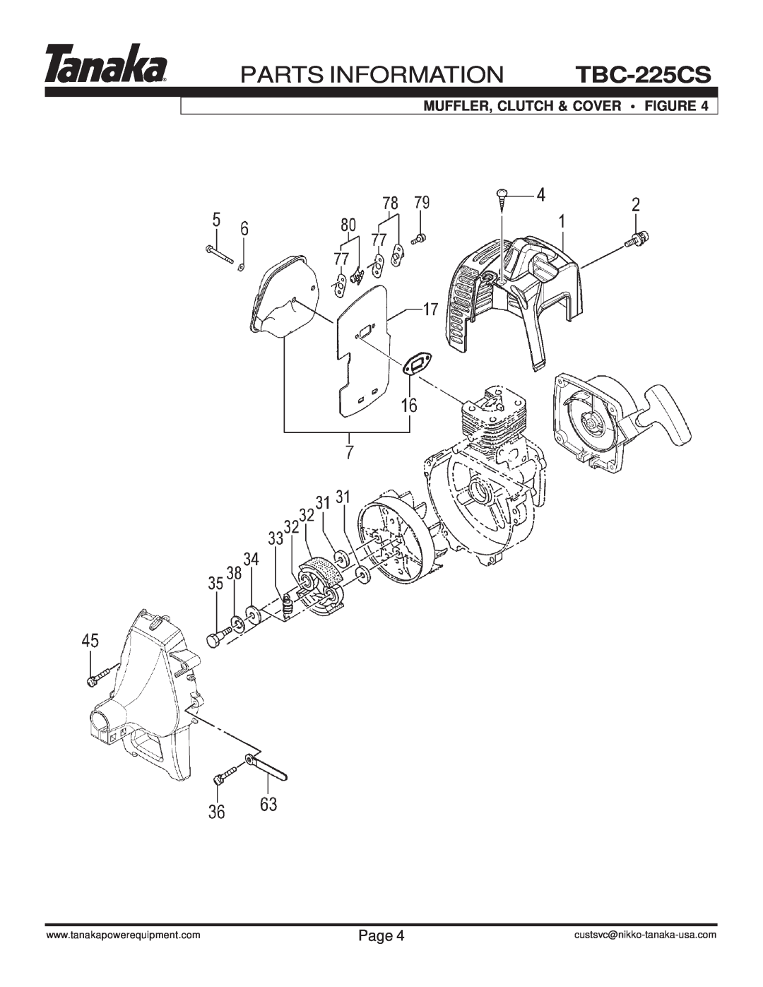 Tanaka manual Muffler, Clutch & Cover Figure, PARTS INFORMATION TBC-225CS, Page, custsvc@nikko-tanaka-usa.com 