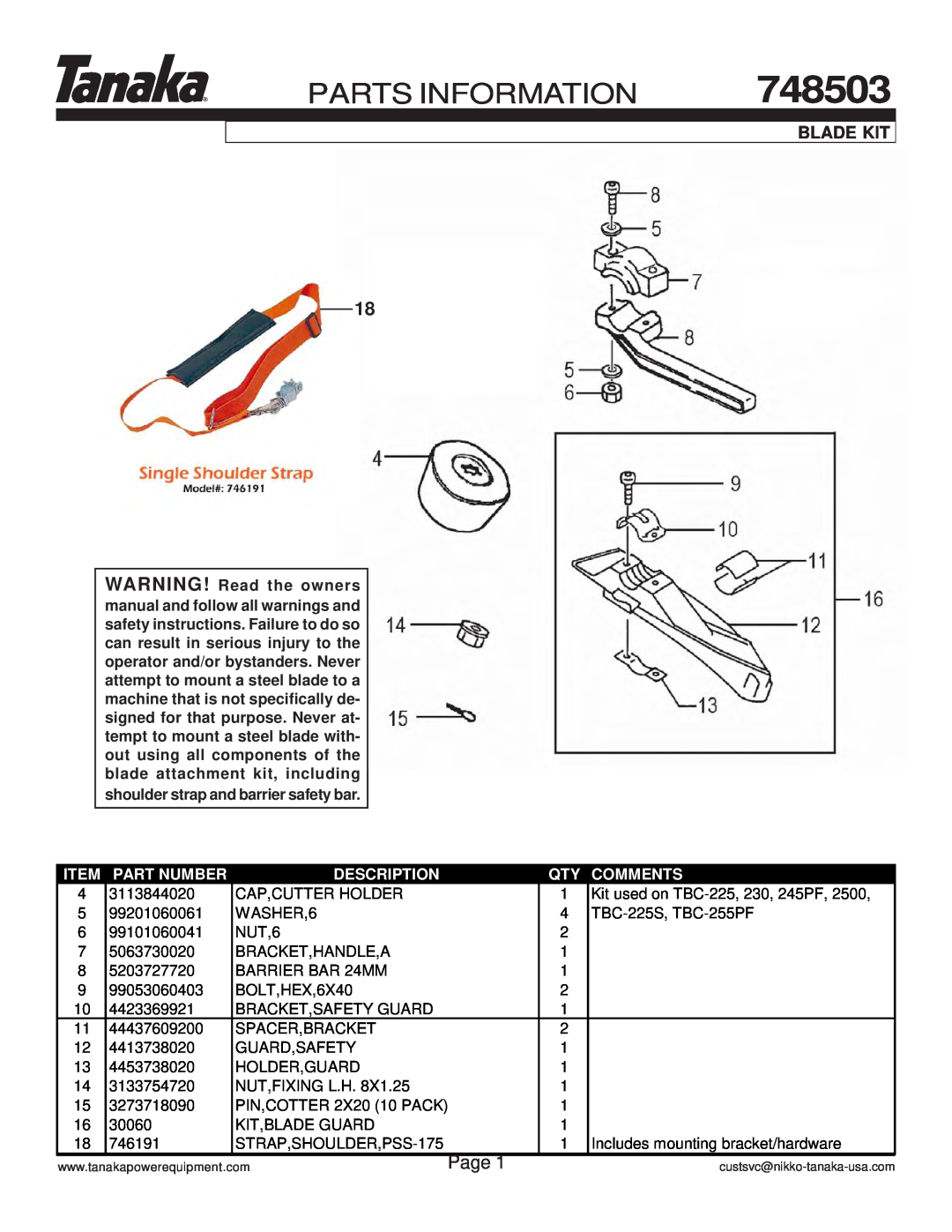 Tanaka TBC-230 manual 748503, Parts Information, Page, Blade Kit, Part Number, Description, Comments 