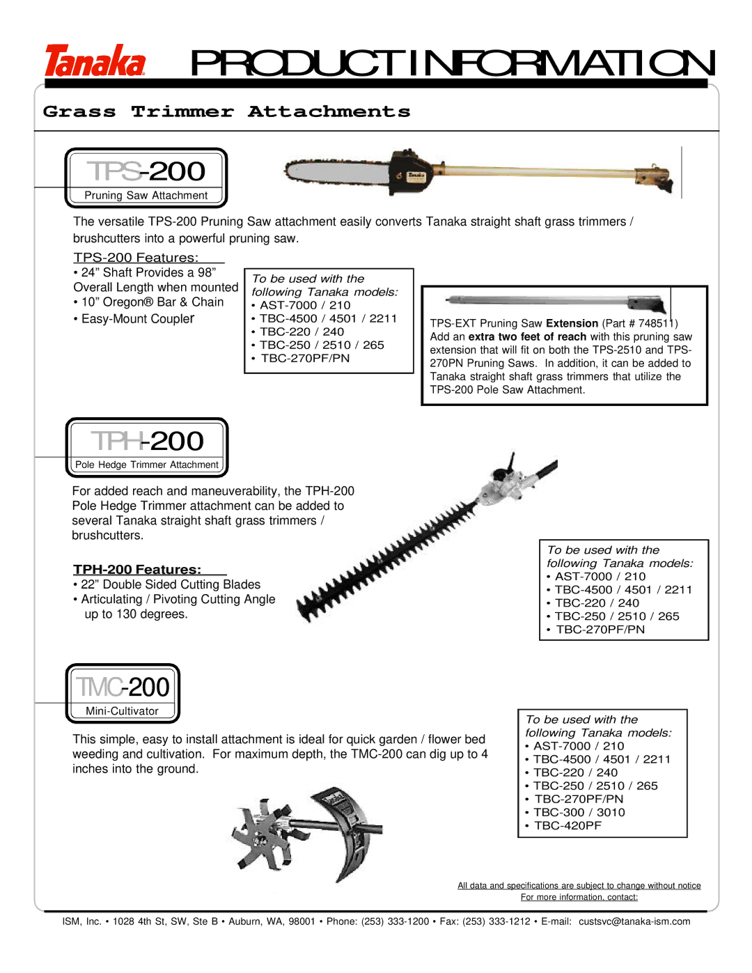 Tanaka TBC-240 manual Product Information 