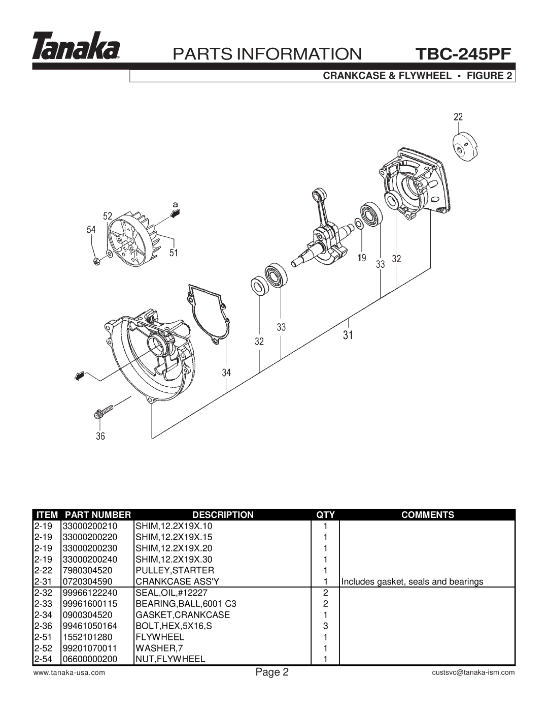 Tanaka manual Parts Information TBC-245PF, Crankcase & Flywheel Figure 