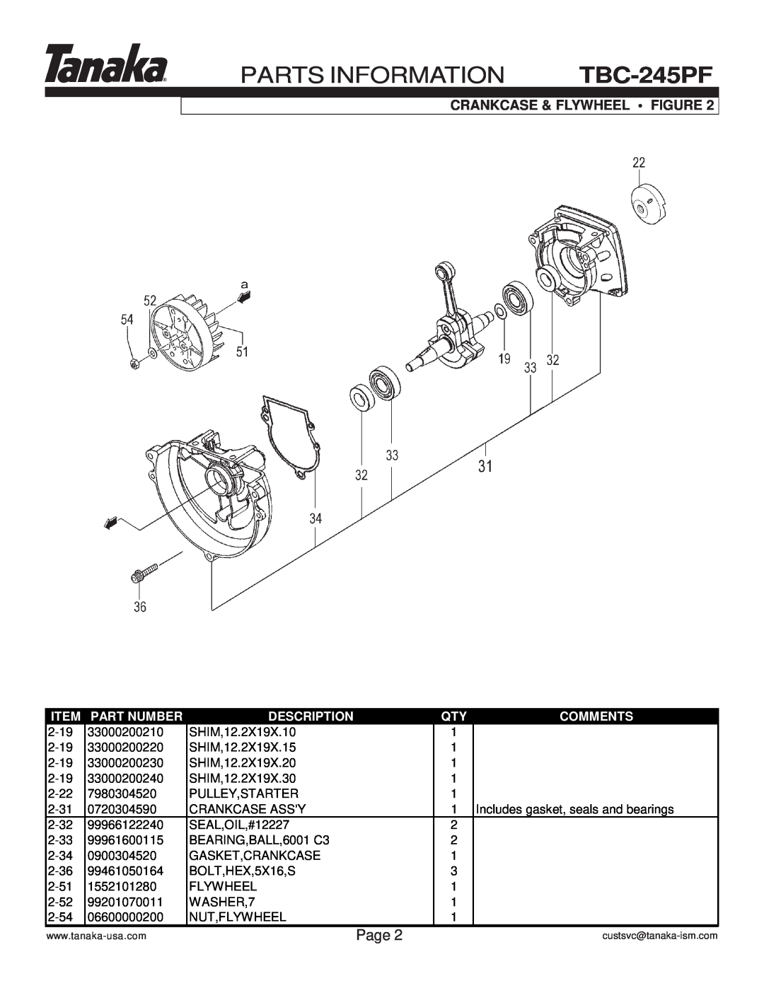 Tanaka manual PARTS INFORMATION TBC-245PF, Crankcase & Flywheel Figure, Page, Part Number, Description, Comments 