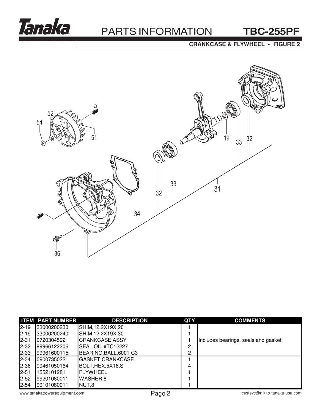 Tanaka manual Parts Information TBC-255PF, Crankcase & Flywheel Figure 