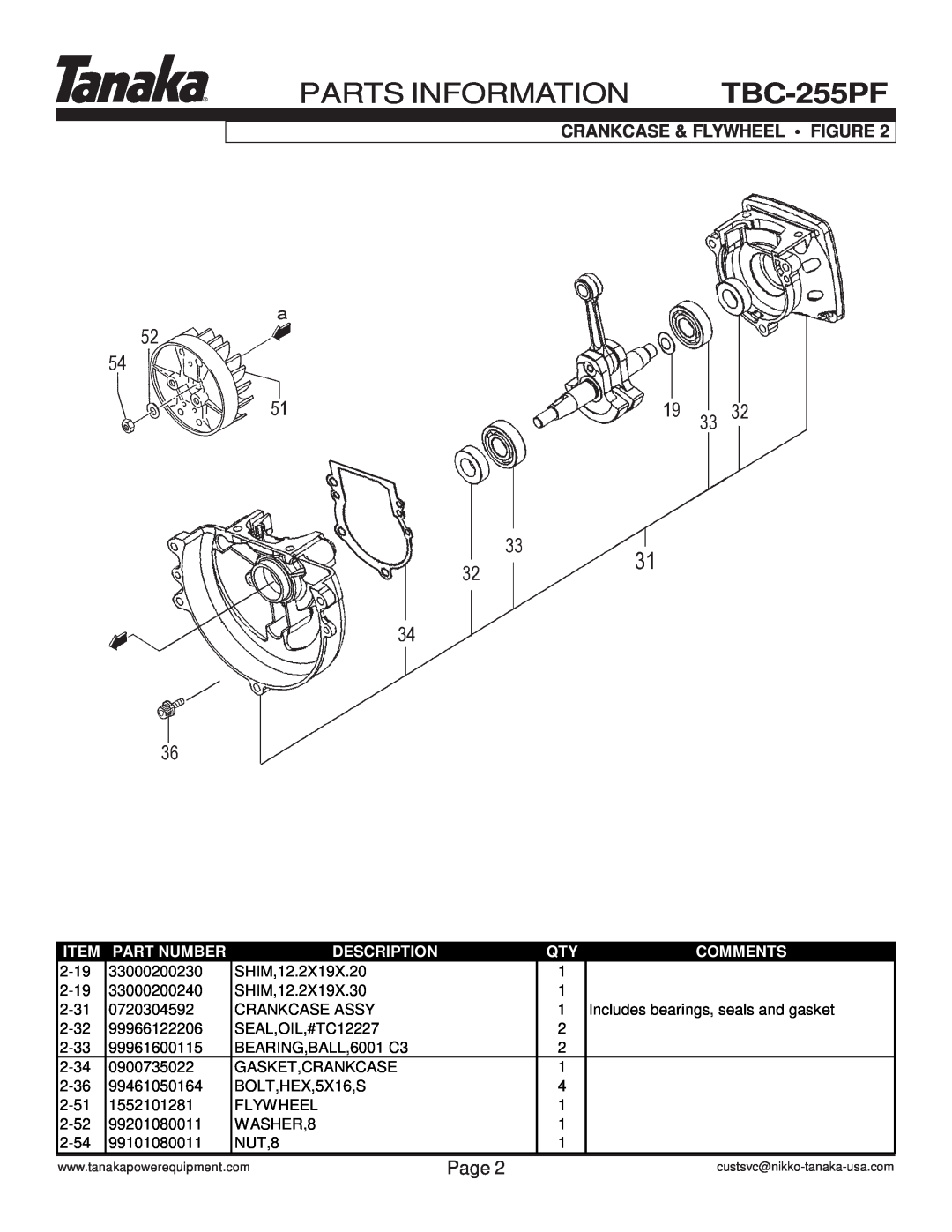 Tanaka manual PARTS INFORMATION TBC-255PF, Crankcase & Flywheel Figure, Page, Part Number, Description, Comments 