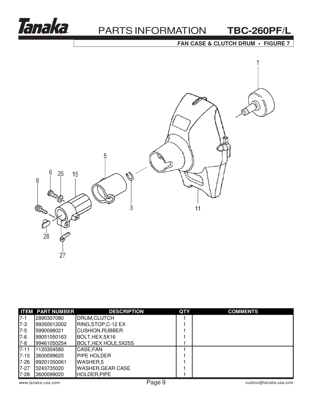 Tanaka TBC-260PF/L manual FAN Case & Clutch Drum Figure 