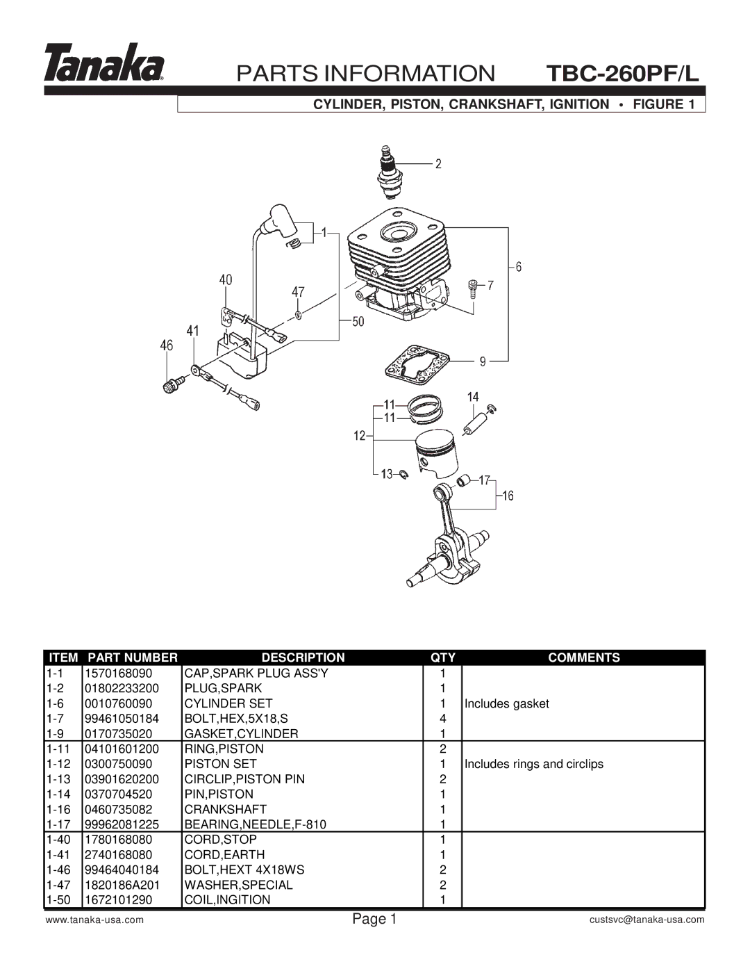 Tanaka manual Parts Information TBC-260PF/L, CYLINDER, PISTON, CRANKSHAFT, Ignition Figure 