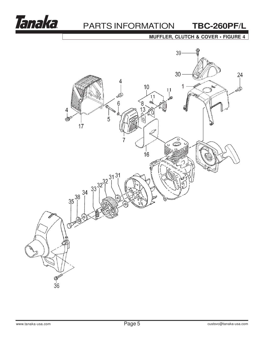 Tanaka TBC-260PF/L manual MUFFLER, Clutch & Cover Figure 