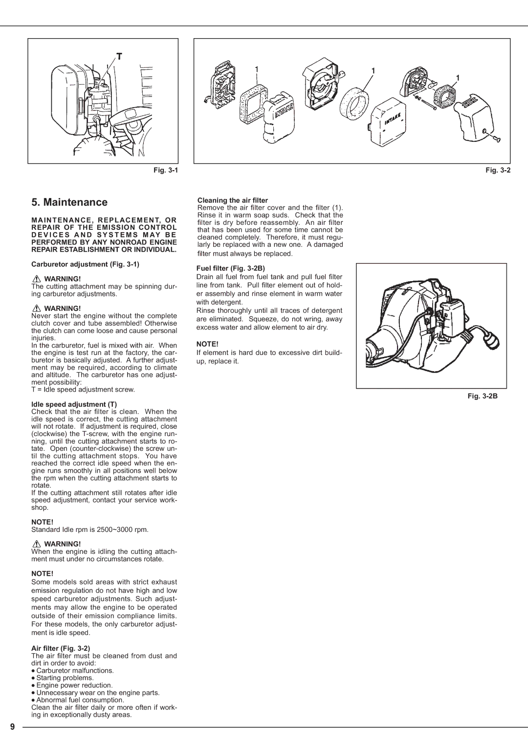 Tanaka TBC-260SF manual 0DLQWHQDQFH, DuexuhwruDgmxvwphqwLj, GOHVSHHGDGMXVWPHQW7, OhdqlqjWkhDlu¿Owhu 