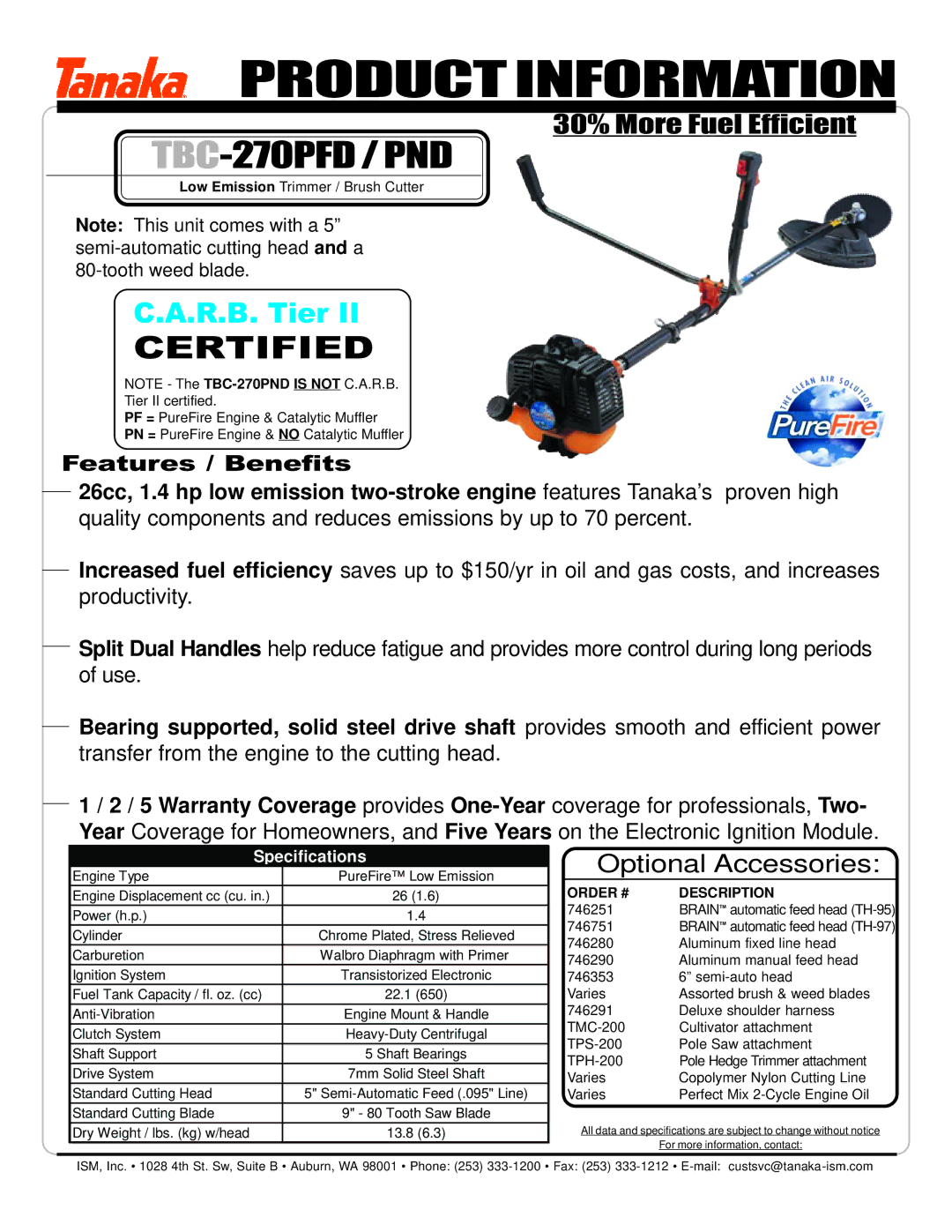 Tanaka TBC-270PFD/PND, TBC-270PND/PFD manual Product Information 