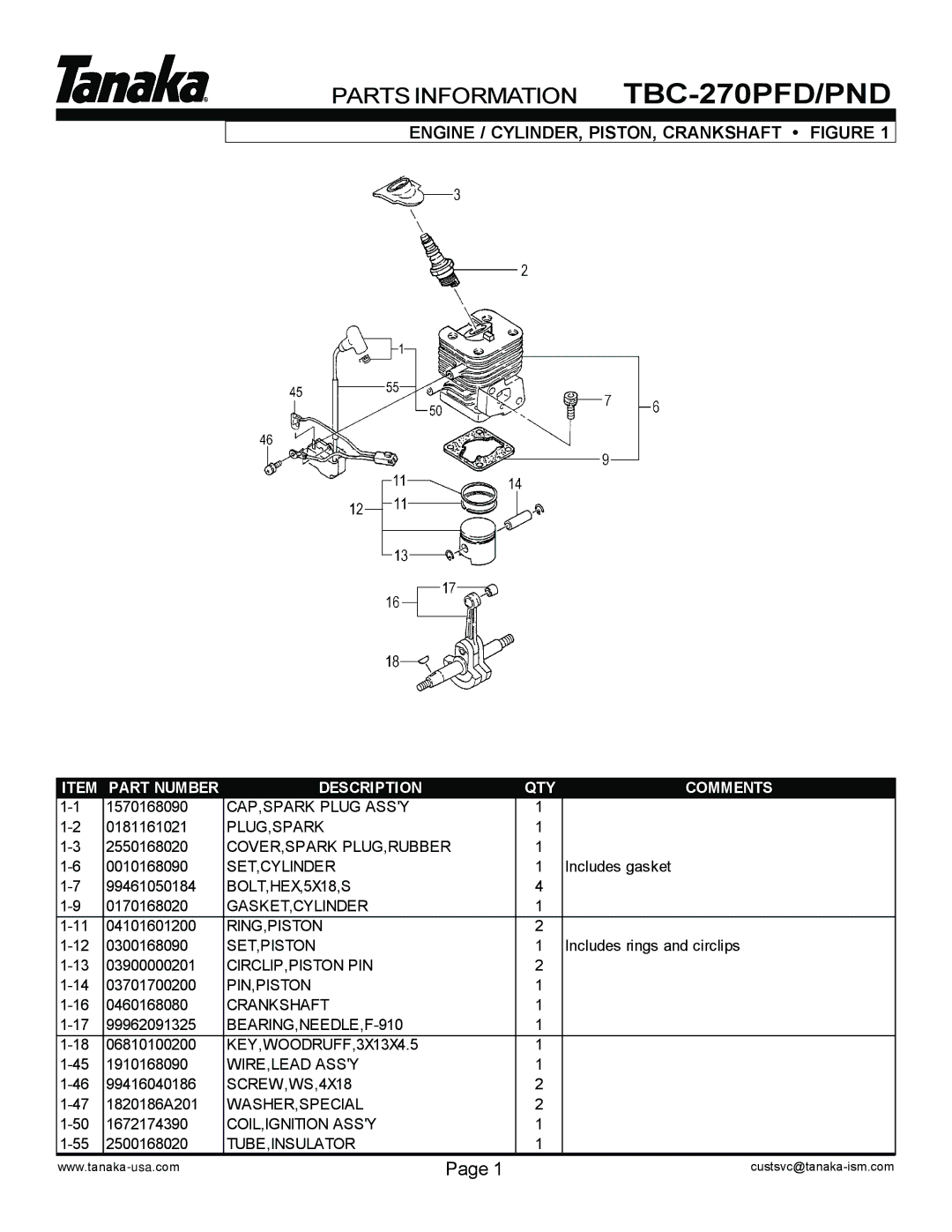 Tanaka TBC-270PND/PFD manual Parts Information TBC-270PFD/PND, Engine / CYLINDER, PISTON, Crankshaft Figure 