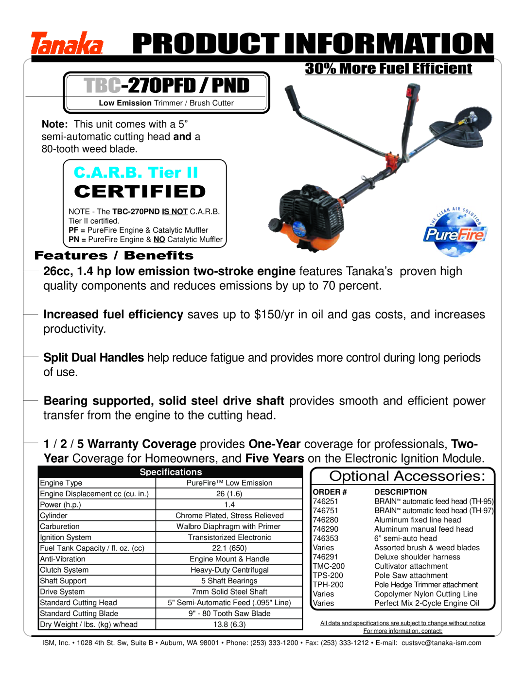 Tanaka TBC-270PFD/PND manual Product Information, TBC-270PFD / PND, Certified, C.A.R.B. Tier, 30% More Fuel Efficient 
