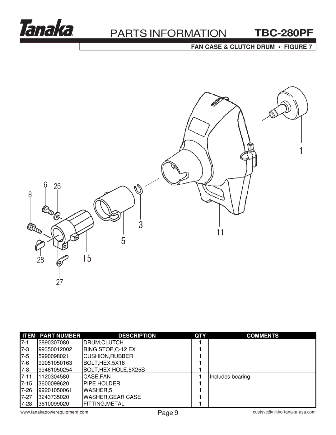 Tanaka TBC-280PF manual FAN Case & Clutch Drum Figure 