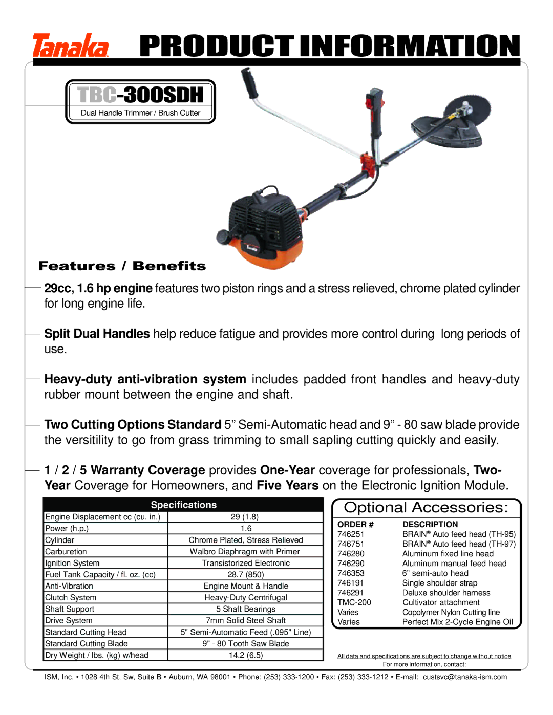 Tanaka TBC-300SDH manual Product Information 