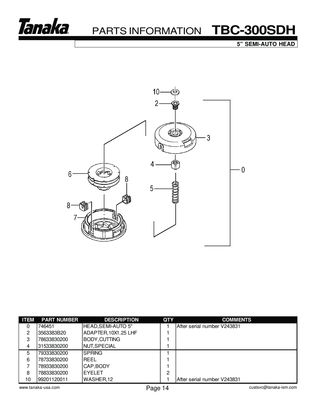 Tanaka manual PARTS INFORMATION TBC-300SDH, Page, 5” SEMI-AUTO HEAD, Part Number, Description, Comments 