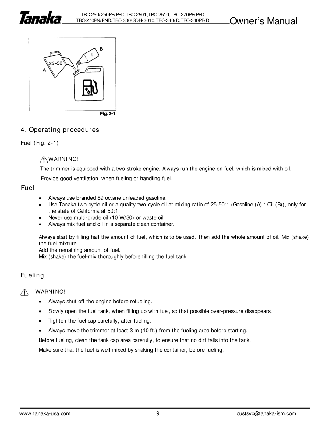 Tanaka TBC-250PF/PFD, TBC-340/D, TBC-2510, TBC-340PF/PFD, TBC-2501, TBS270PF/PN Operating procedures, Fueling, Fuel Fig 