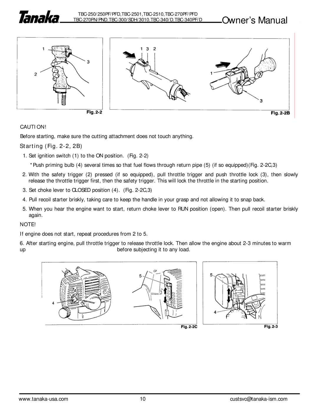 Tanaka TBC-340PF/PFD, TBC-340/D, TBC-2510, TBC-250PF/PFD, TBC-2501, TBC-300/SDH3010, TBS270PF/PN owner manual Starting -2, 2B 