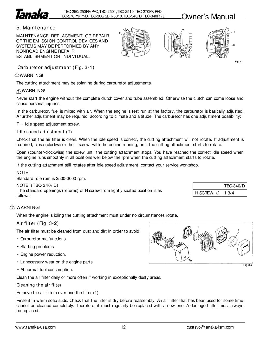 Tanaka TBC-2501 Maintenance, Carburetor adjustment Fig, Air filter Fig, Idle speed adjustment T, Cleaning the air filter 