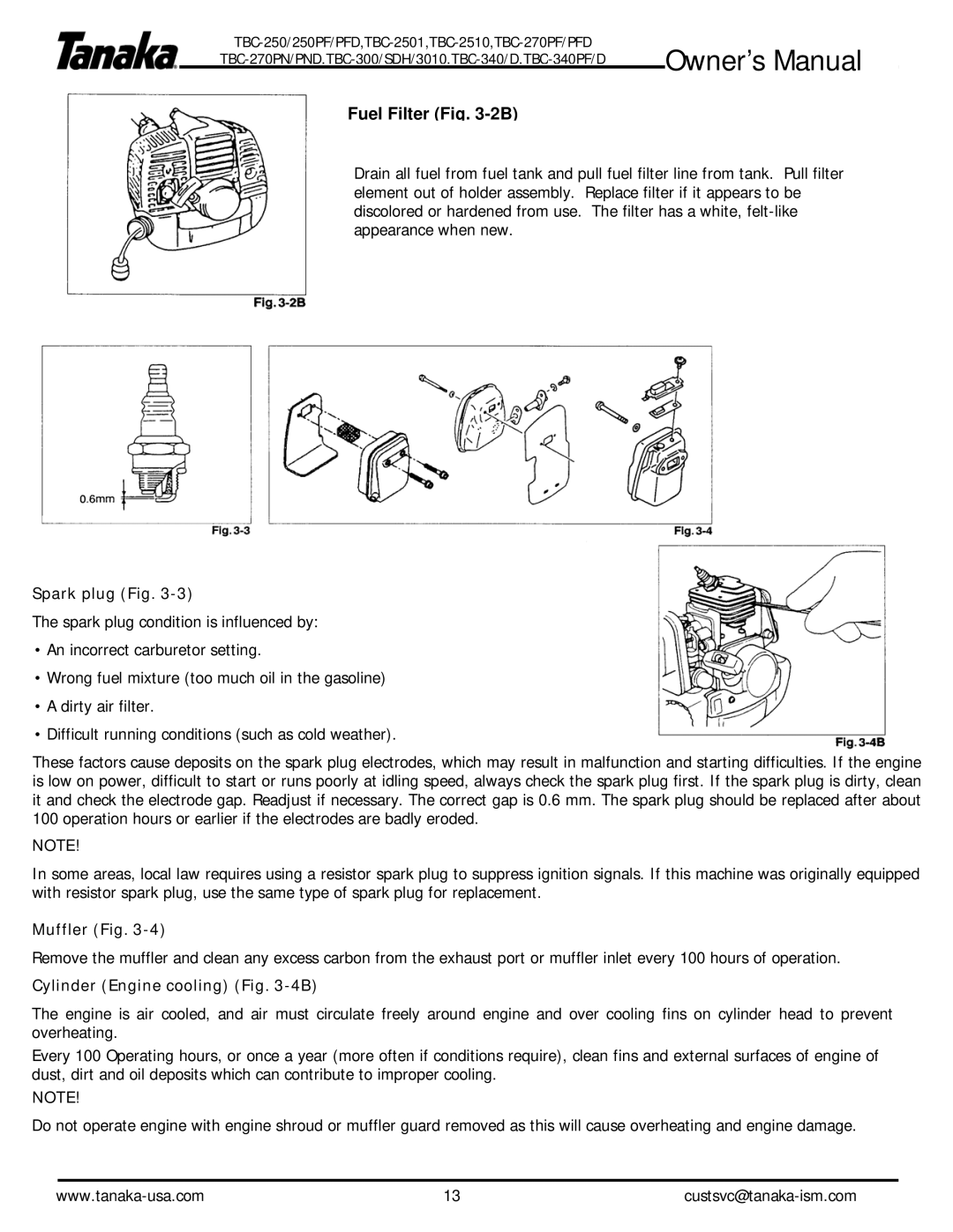 Tanaka TBC-300/SDH3010, TBC-340/D, TBC-2510, TBC-250PF/PFD, TBC-2501 Spark plug Fig, Muffler Fig, Cylinder Engine cooling -4B 